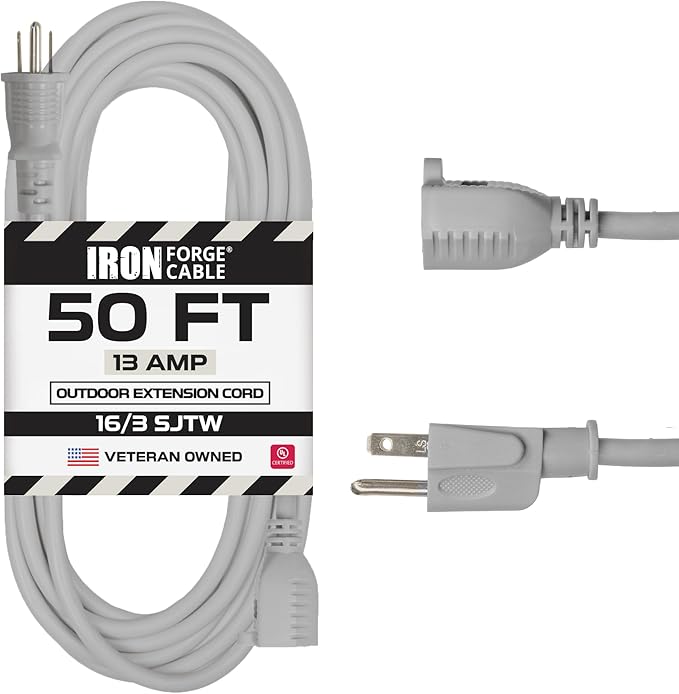 Iron Forge Cable Gray Outdoor Extension Cord 50 ft, 16/3 SJTW 50 Foot Grey 3 Prong Extension Cord Outdoor & Indoor, Weatherproof 13 Amp Heavy Duty Power Cable