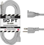 Iron Forge Cable Gray Outdoor Extension Cord 50 ft, 16/3 SJTW 50 Foot Grey 3 Prong Extension Cord Outdoor & Indoor, Weatherproof 13 Amp Heavy Duty Power Cable