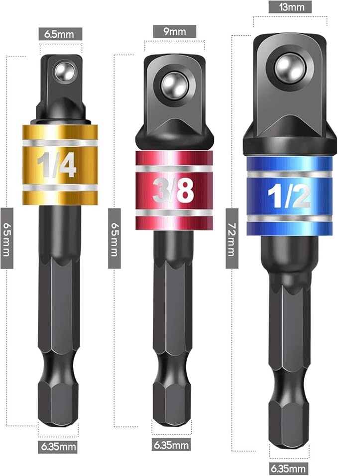 Socket Adapter Set, 1/4-Inch Hex Shank to 1/4, 3/8, 1/2-Inch Square Drive, 3-Piece Impact Grade Drill Bit Holders, Black