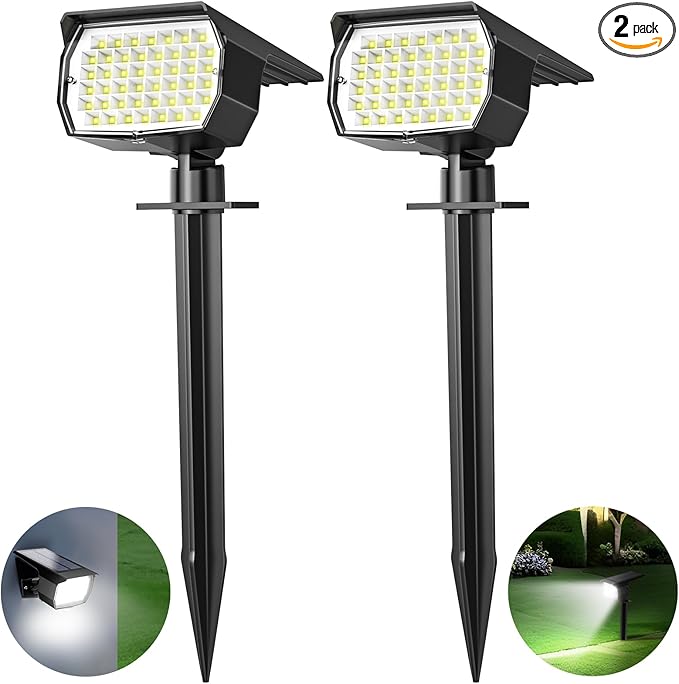 Solar Spot Lights Outdoor 2 Pack, [46 LED/3 Modes] Solar Landscape Spotlights Waterproof, 2-in-1 Auto On/Off Solar Powered Lights for Outside Yard Garden Wall Pathway(Cool White)