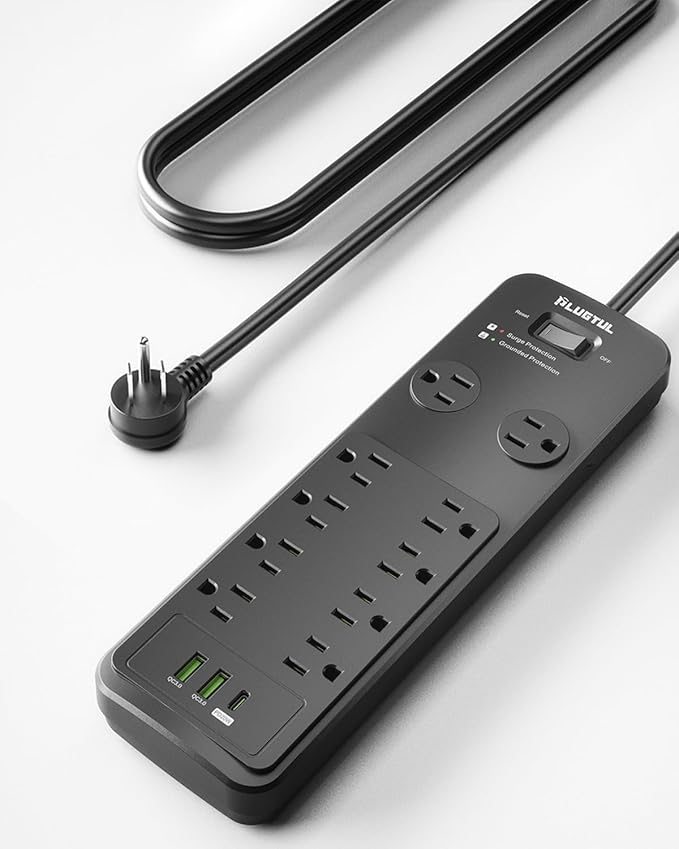 Surge Protector Power Strip 15FT, PLUGTUL Surge Protector with 10 Outlets - Spacious Design for Large Plugs, Flat Plug, 20W USB C Charging for Home, Office, ETL Listed, 2040J