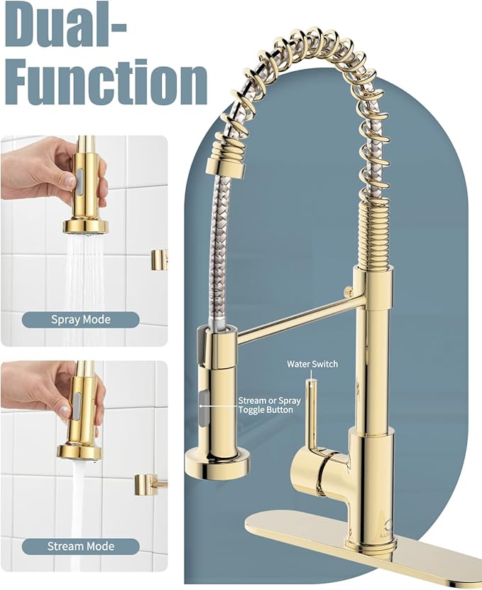 Gold Kitchen Faucet with Soap Dispenser, Pull Down Kitchen Faucet with Sprayer, Single Handle Kitchen Sink Faucet with Dual Function Spray Head, Camper Laundry RV Faucet,PVD