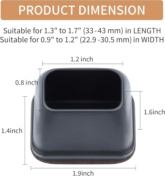 Ezprotekt 16 Pcs Rectangle Silicone Chair Leg Floor Protectors, Felt Rectangle Black Furniture Leg Cap Covers for Chair Table Desk - Anti- Scratches (Fit L :1.3-1.7", W: 0.9-1.2")