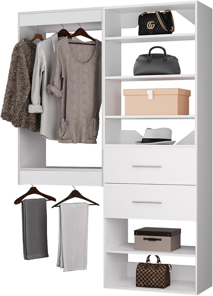 ROOMTEC Modular Closet System, 40" Wall Mounted Closet Organizer with Hanging Rods and Drawers, Wooden Tower for Walk-In Closets, Wardrobe Storage Kit, White