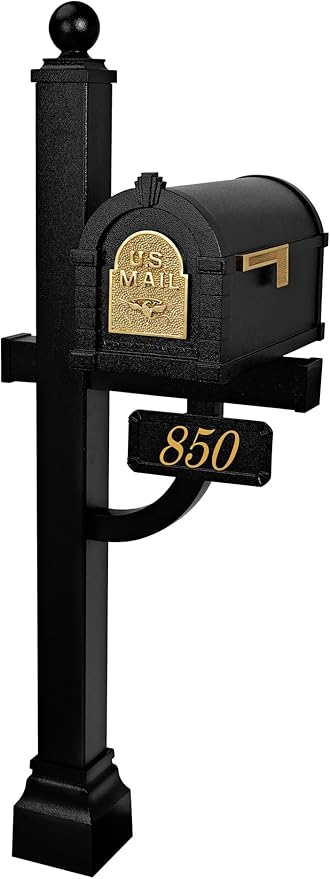 Gaines - Keystone Deluxe Post and Mailbox Package with Personalized Address Plaque and Decorative Cuff (Black with Polished Brass Eagle)