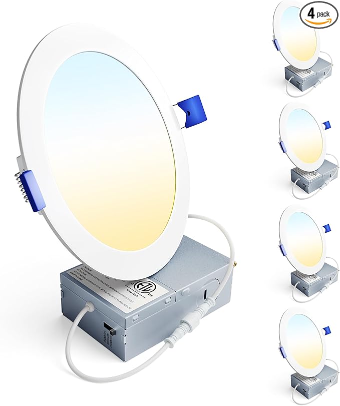 Ensenior 4 Pack 6 Inch LED Recessed Light, Dimmable, 3000K-5000K 3CCT, 1050LM High Brightness, 12W 120V, Damp Rated, Ultra-Thin Canless Wafer Ceiling Light - ETL & FCC & IC