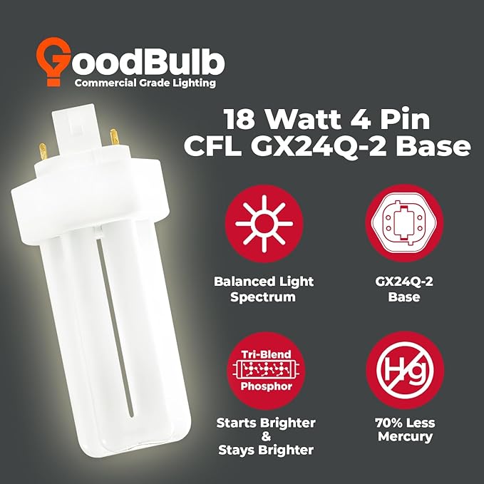 GoodBulb 18 Watt CFL Light Bulbs 4 Pin GX24Q-2 Base 3500K Neutral White 18W High Output 1200 Lumens Triple Tube Compact Fluorescent Light Bulbs Plug-in 10 Pack
