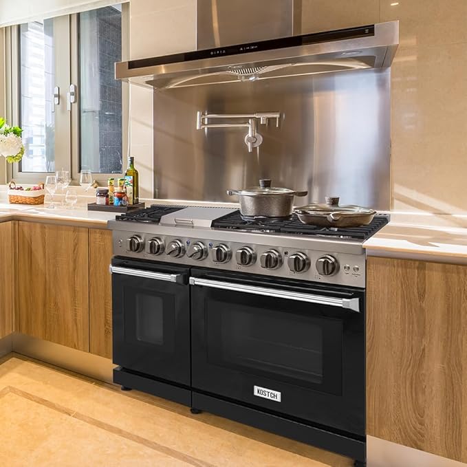 48 inch Pro-Style Natural Gas Range or Liquid Propane Gas Range with 6 Burners & 1 Griddle Cooktop, Double 4.6 cu. ft. and 2.2 cu. ft. Oven, in Stainless Steel - KOS-48RG03M (Black)