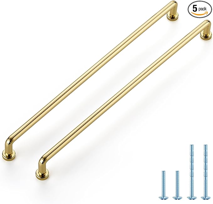 JOY DECOR Cabinet Pulls – 12-3/5 Inch Hole Center, Polished Brass, 5 Pack, Zinc Alloy Cabinet Handles for Drawers & Cupboard – Vintage Style Hardware for Kitchen, Bathroom, Dresser, Furniture Makeover