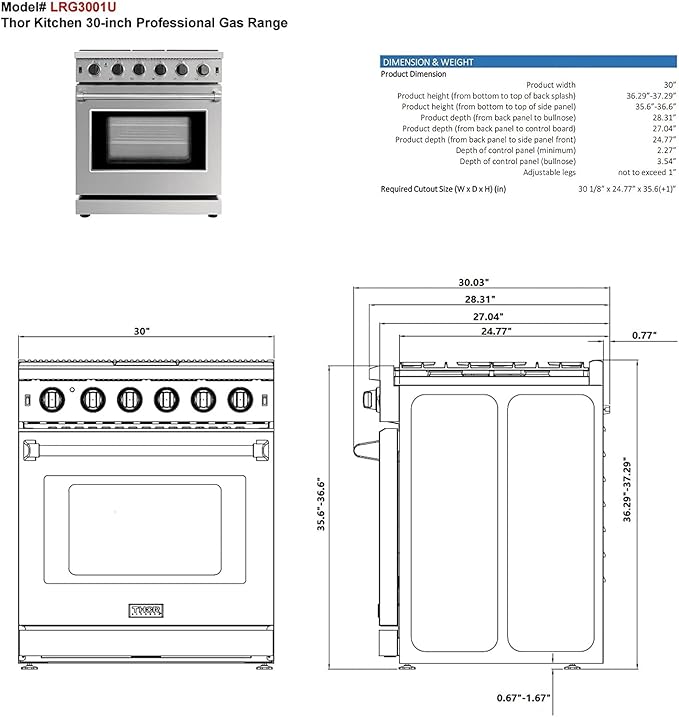 THOR Kitchen Freestanding Professional 30-Inch Gas Range in Stainless Steel - Model LRG3001ULP + LP Conversion Kit