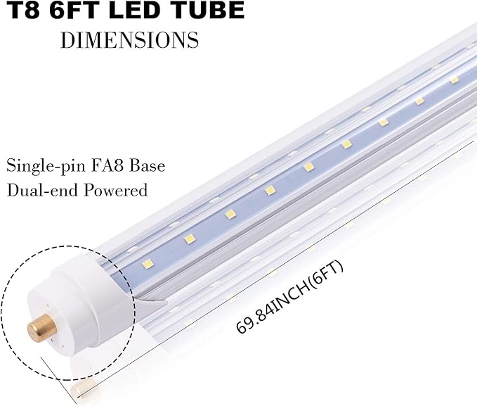 15-Pack 6FT 40W T8 LED Tube Light FA8 Single Pin Base Daylight White 6000k with Bright Dual-Row LED Chips 6 Foot LED Bulbs to Replace T8 T10 T12 Fluorescent Light, ETL Listed