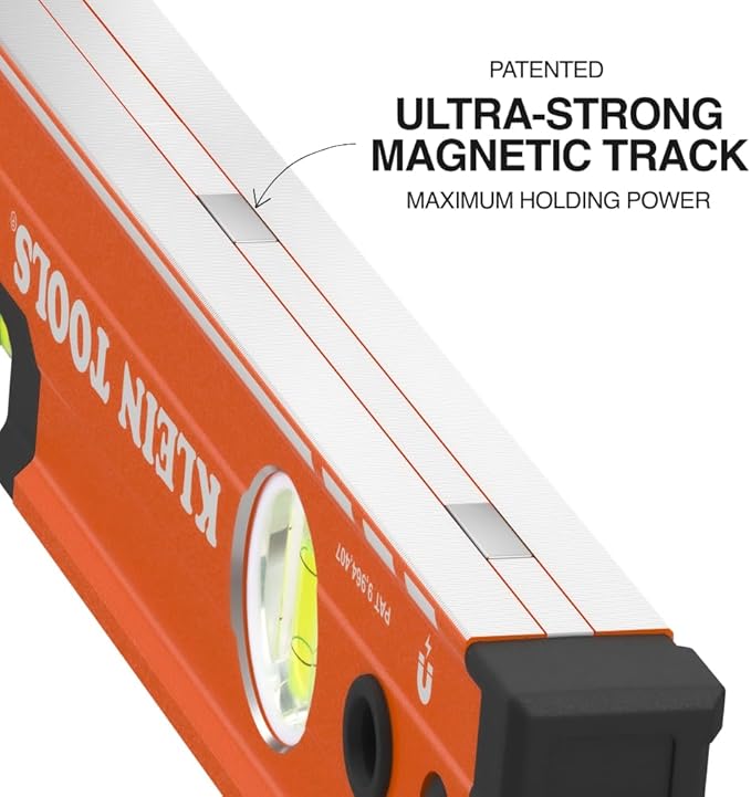 Klein Tools 93524MAG 24-Inch Box Level, Magnetic Box Beam Bubble Level, 3 Vials, High Visibility Orange, Aluminum Body, V-Groove and Magnet Track