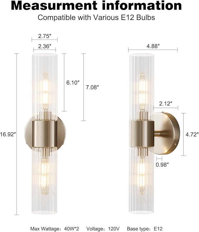 Bathroom Light Fixtures 2-Light, Modern Vanity Light for Bathroom, Wall Sconce, Bath Light with Glass Rods Shades for Mirror Bedroom Hallway (Brushed Nickel)