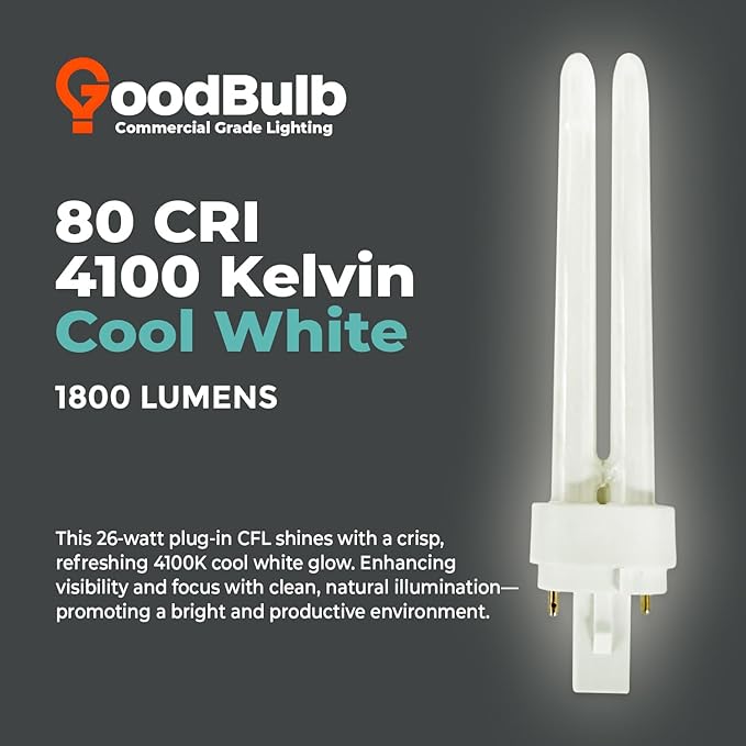 GoodBulb 26 Watt CFL Light Bulbs 2 Pin G24D-3 Base 4100K Cool White 26W High Output 1800 Lumens Double Tube Compact Fluorescent Light Bulbs Plug-in 10 Pack