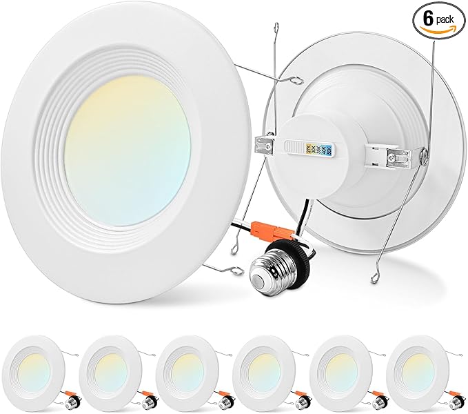 LUXRITE 5/6 Inch Retrofit LED Recessed Lighting, 17W=90W, 1500LM, 5CCT Color Selectable 2700K | 3000K | 3500K | 4000K | 5000K, Dimmable Can Light, CRI 90, Wet Rated, Energy Star, Baffle Trim (6 Pack)