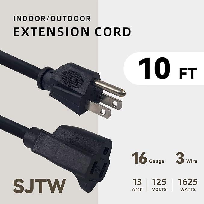 10ft Outdoor Extension Cord - 16/3 Heavy Duty SJTW Waterproof Black Electrical Cable with 3 Prong Grounded Plug for Safety, Great for Lawn and Major Appliances
