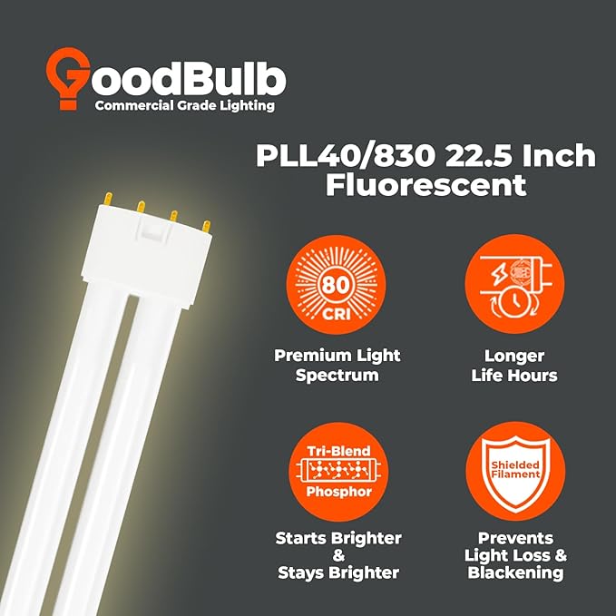 GoodBulb PLL40/830 40W 22.5" Twin Tube Compact Fluorescent Light Bulb 4-pin 2G11 Base 3000K Soft White 2800 Lumen 36000 Hour Long Life Biax Pack of 10