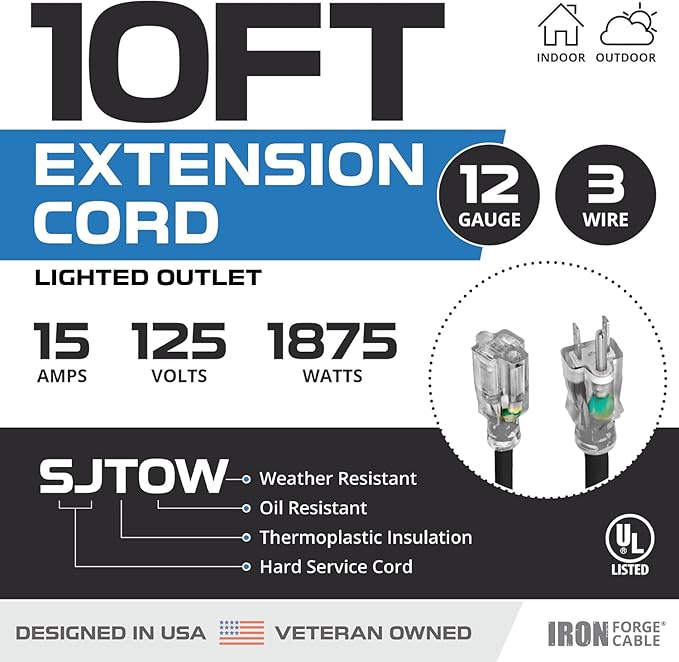 Iron Forge Cable 2 Pack 12 Gauge Outdoor Extension Cord 10 Ft, SJTOW 12/3 Heavy Duty Extension Cord 3 Prong - Oil Resistant & Flame Retardant