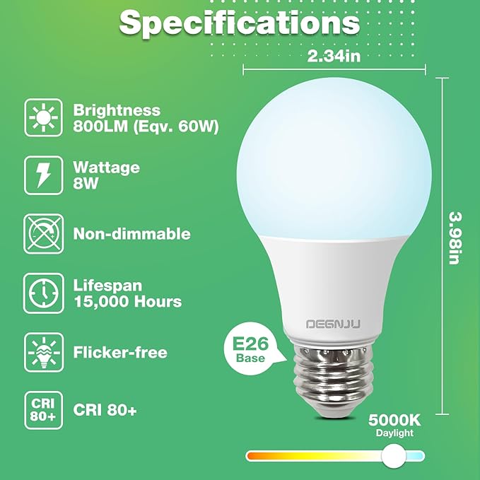 LED Light Bulbs Daylight 5000K, E26 Light Bulb 60W Equivalent, 800LM 8 Watt, Non-Dimmable A19 Light Bulbs with E26 Medium Base, 24 Pack