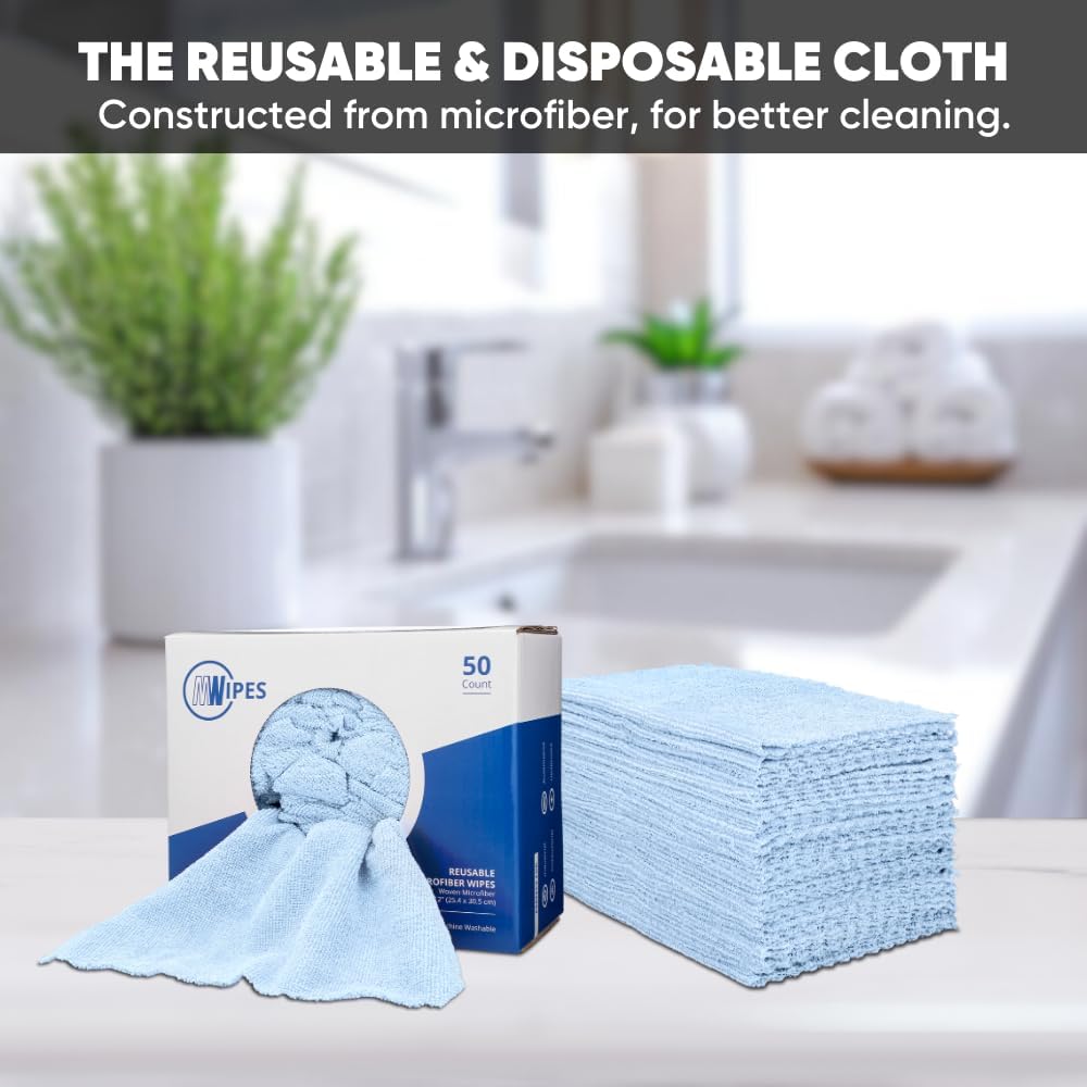 Microfiber Rags in A Box (50 Count) - Mwipes - 10" x 12" Reusable Wipes for Cleaning - Edgeless Terry Towels, Shop Rags, Wash, Dust, Disposable, House, Small Cleaning Cloths (Blue)