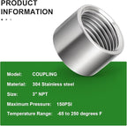TAISHER 1PCS 304 Stainless Steel Cast Pipe Fitting, Coupling, 3" x 3" NPT Female Threaded