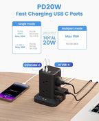 Power Strip Tower with Surge Protector 1800J, Fast Charging Tower PD20W USB-C Ports with 8 AC Outlets, 6ft Extension Cord for Home Office Dorm Room, Black