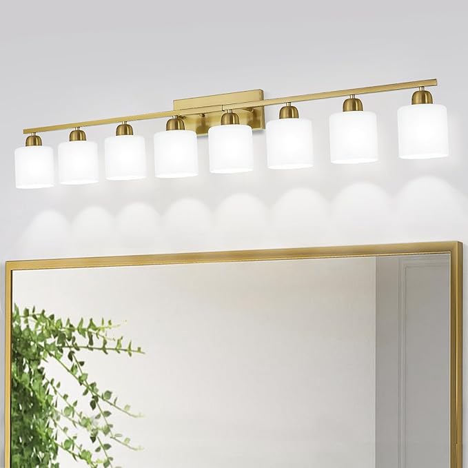 8 Light Bathroom Light Fixtures Gold for Big Mirror, Brushed Gold Vanity Lights for Bathroom with Milky White Frosted Glass Shades, 51 inch Wall Sconce for Mirrors Living Room Bedroom
