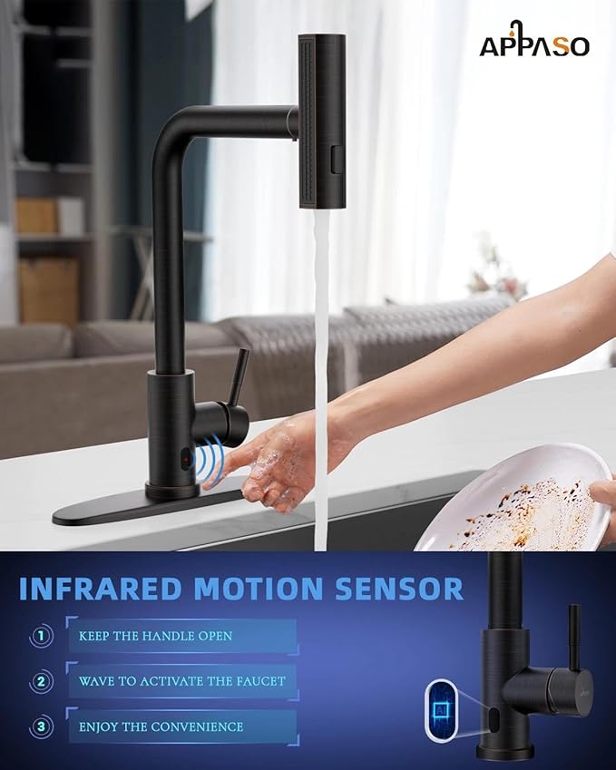 APPASO Touchless Kitchen Faucet with Pull Down Sprayer Oil Rubbed Bronze, Waterfall Touchless Motion Sensor Hands-Free, Single Handle SUS304 Stainless Steel Smart Faucet for Sink