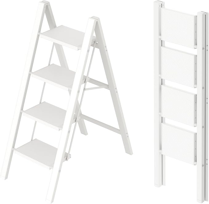 Taranta 4 Step Ladder,Aluminum Lightweight Folding 4 Step Stool with Anti-Slip Wide Pedal,330lbs Capacity Step Ladder for Household,Kitchen,Office - White
