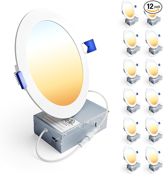 Ensenior 12 Pack 6 Inch LED Recessed Ceiling Light, Dimmable, 2700K-5000K 5CCT, 1200LM 12W 120V, High Brightness Canless Wafer Downlight - ETL&FCC&IC