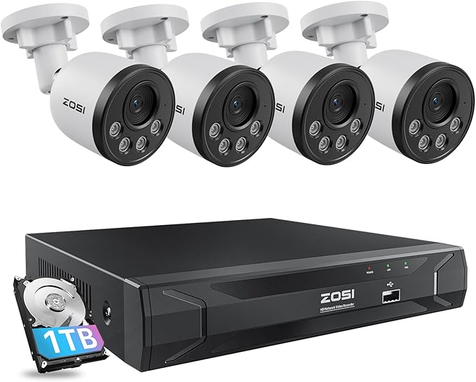 ZOSI 5MP 8CH Wired PoE Security Camera System with Audio, 4pcs Outdoor PoE Cameras, Night Vision, H.265+ 8 Channel 5MP 3K Home NVR with 1TB HDD for 24/7 Recording, No ISED is Provided