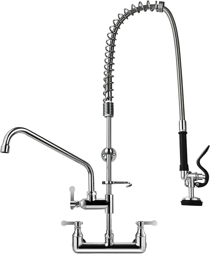 Commercial Sink Faucet with Sprayer 36" Height 8" Adjustable Center, Commercial Wall Mount Kitchen Sink Faucet with Pre-Rinse Sprayer and 12" Swing Spout for Restaurant Industrial