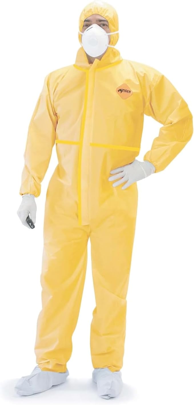 Tiger Tough Chemical Protection Coveralls, Yellow Disposable Hazmat Suit for Men & Women with Hood & Zipper