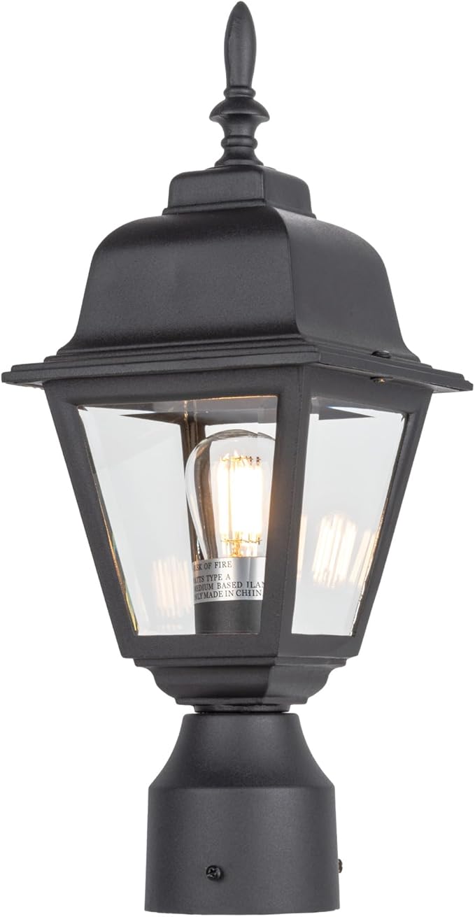 LIT-PaTH Outdoor Post Lighting Fixture Pole Lantern, E26 Medium Base Max 60W, Aluminum Housing Plus Clear Glass, Bulb Not Included, Matte Black Finish, 1-Pack