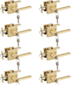 EHOMEWARE 8 Pack Gold Door Handles Door Knobs,Heavy Duty Modern Interior/Exterior Door Handle Sets, Satin Brass Door Lever Front Entry Door Handle wth Lock and Key