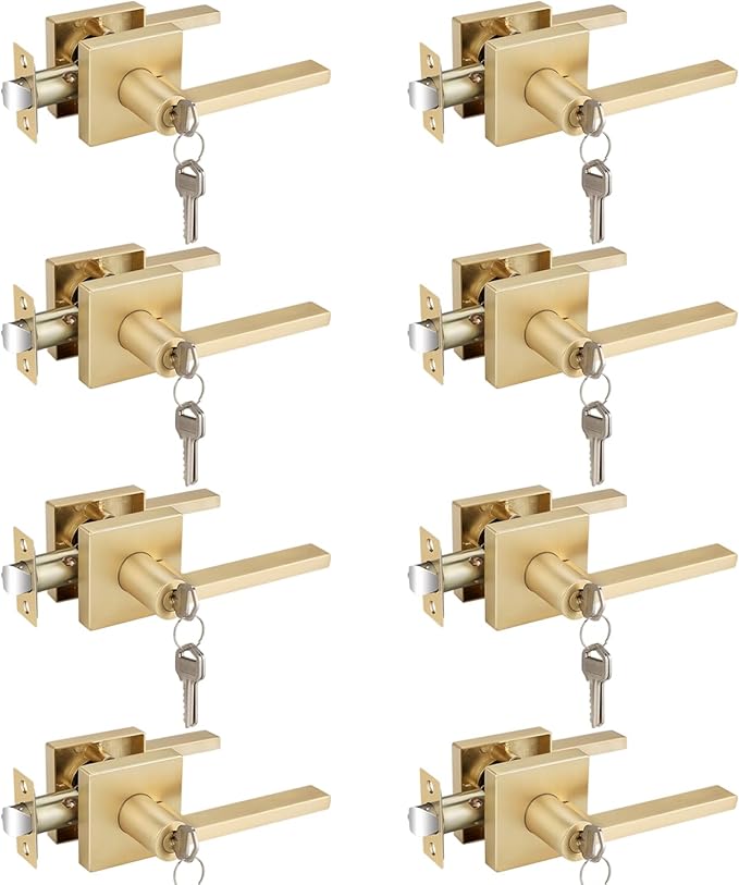 EHOMEWARE 8 Pack Gold Door Handles Door Knobs,Heavy Duty Modern Interior/Exterior Door Handle Sets, Satin Brass Door Lever Front Entry Door Handle wth Lock and Key