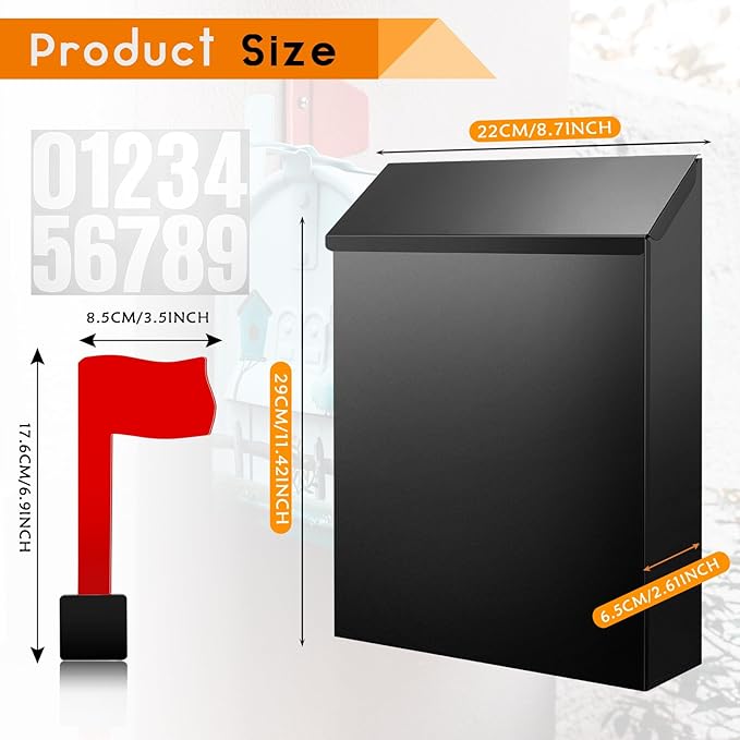 Tandefio 1 Pcs Wall Mount Mailbox with Red Mailbox Flag Reflective Sticker Keys Outdoor Steel Rustproof Lock Post Boxes Outdoor, 11.4 x 8.7 x 2.6 Inches, Black