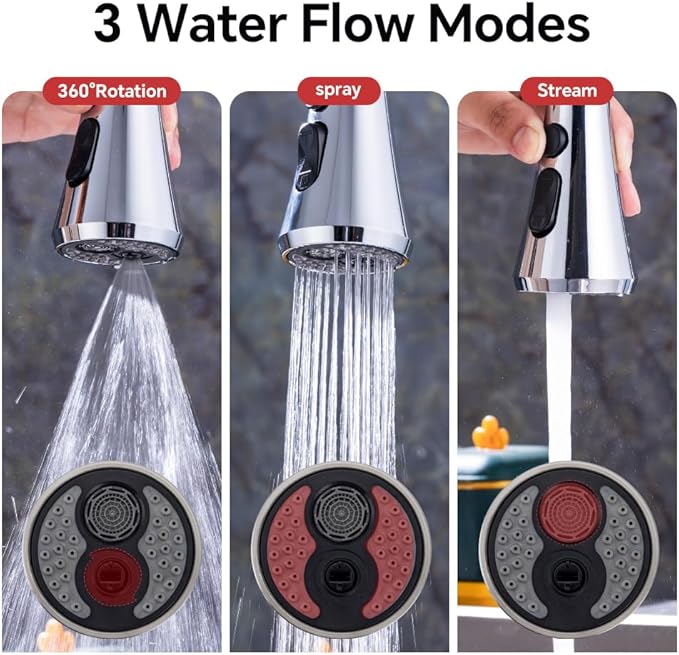 Universal Kitchen Faucet Replacement Pull Down Sprayer with 3-Spray Modes & 16 Adapters - Compatible with Moen, Kohler, and Delta and Sink Faucets (Chrome silver)
