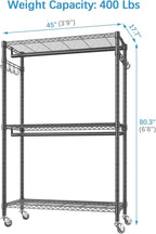VIPEK R2 Plus Heavy Duty Rolling Garment Rack 3 Tiers Adjustable Wire Shelving Clothes Rack with Double Rods and Side Hooks, Freestanding Wardrobe Storage Rack Metal Clothing Rack, Black
