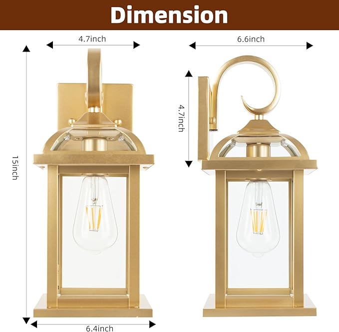 Gold Outdoor Wall Lights 2-Pack 15 Inch, Aluminum Anti-Rust Large Exterior Porch Wall Lanterns with IP65 Waterproof Clear Glass Brass Outdoor Lights Wall Mount Exterior Lights for House