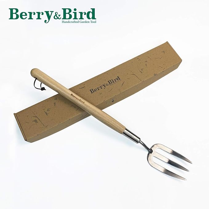 Berry&Bird Gardening Hand Fork, 22.6 Inches Long Handled Stainless Steel Weed Fork, Traditional Garden Hand Fork Tool with Ergonomic Ash Wood Handle for Weeding, Digging, Planting and Cultivating