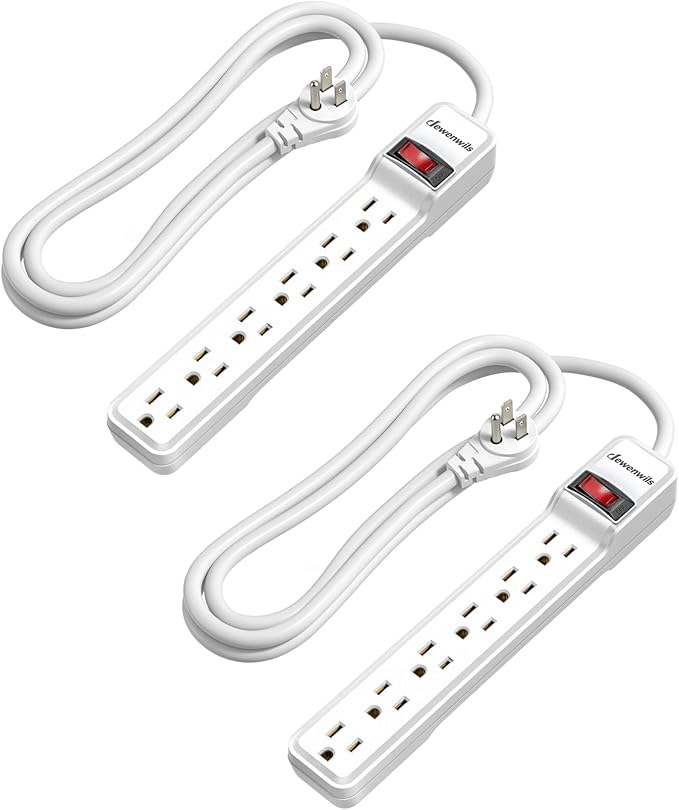 DEWENWILS 2-Pack 6-Outlet Power Strip Surge Protector with 6Ft Long Extension Cord, Low Profile Flat Plug, 15 Amp Circuit Breaker, 500 Joules, Wall Mount, White, UL Listed