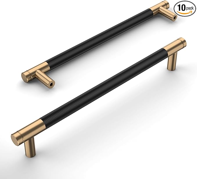 Amerdeco 10 Pack Champagne Bronze and Black Knurled Cabinet Pulls 7.5 Inch Hole Centre to Hole Centre Kitchen Cabinet Handles for Drawer Dresser, Cupboard and Wardrobe ZH0040
