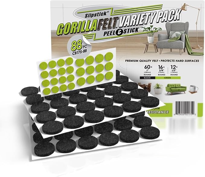 Slipstick Gorilla Felt 1 Inch Furniture Pads (88 Piece Combo) Premium Furniture Pads & Chair Leg Floor Protectors for Hardwood Floors & Hard Surfaces