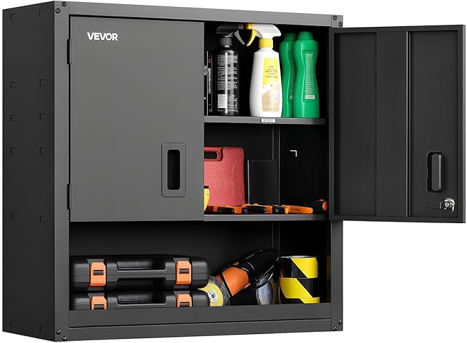 VEVOR Metal Wall Cabinet, 30W x 12.01D x 30H Inch, Steel Floating Hanging Storage Cabinet with Locking Doors and Adjustable Shelf for Garage, Basement, Kitchen, Warehouse Assembly Required, Black