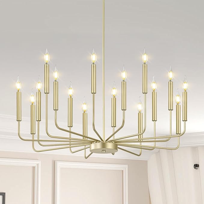 Qamra Modern Farmhouse Gold Chandelier for Dining Room, 16-Light Rustic Candle Chandelier Light Fixture, Industrial Hanging Chandeliers Lighting for Living Room, Kitchen, Staircase, Entryway, Foyer