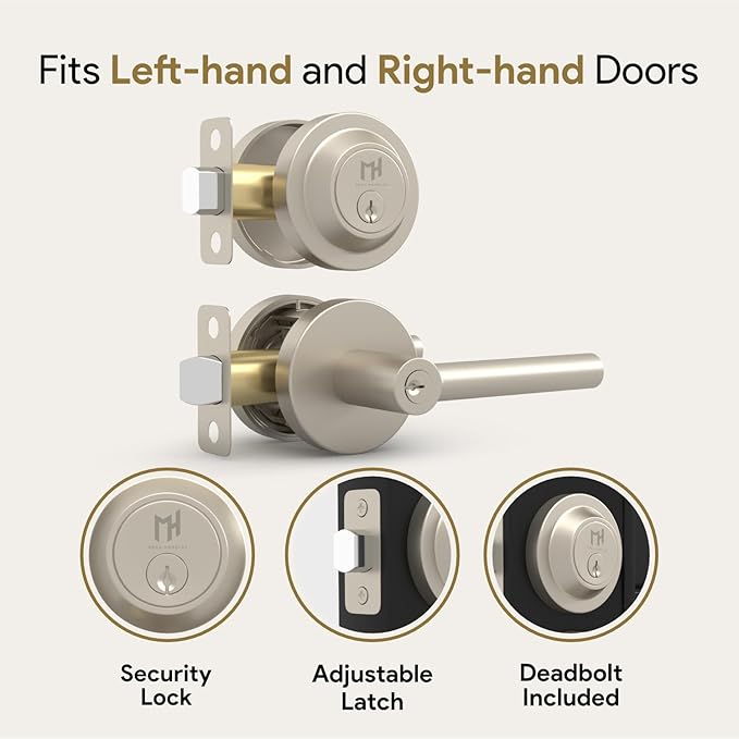 Mega Handles Ronn Entrance Combo, Entry Lever Door Handle and Single Cylinder Deadbolt Lock and Key Combo Pack, Heavy Duty Round Locking Door Levers Set for Left or Right-Handed Doors - Satin Nickel