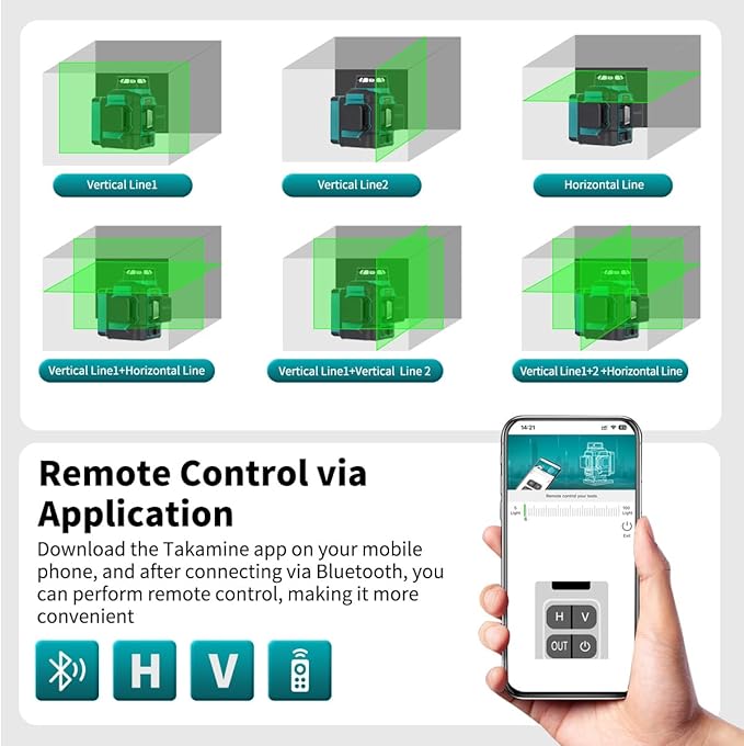 Takamine Laser Level 360 Self Leveling, 3x360° Cross Line Lazer Leveler Tool for Construction and Picture Hanging, 3D 12 Lines Green Laser Level with Rechargeable Lithium Battery, APP Control