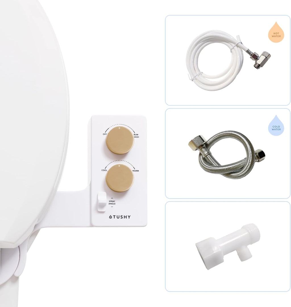 TUSHY Spa Royale Warm Water Bidet Seat Attachment. Self Cleaning Water Sprayer, Adjustable Pressure Nozzle, Angle Control. (Requires Sink Access for Water Temperature Control), Gold Knobs
