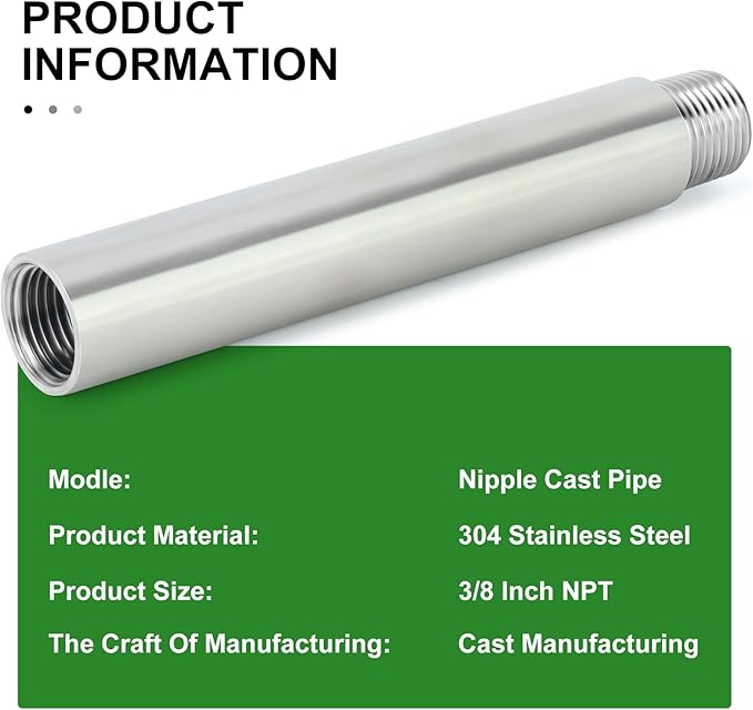 TAISHER 2PCS Stainless Steel Pipe Fittings, 3/8" NPT Male x 3/8" NPT Female Threaded, 6" Length Nipple Cast Pipe